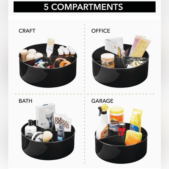 NWOT mDesign Black Divided Lazy Susan Turntable Storage Container, 5 Section - Picture 4 of 4